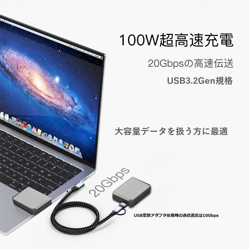 Libra 100W+20Gbps高速データ通信TYPE-Cケーブル USBアダプタ